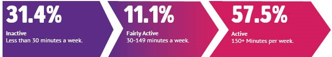 31.4% inactive, 11.1% fairly active, 57.5% active